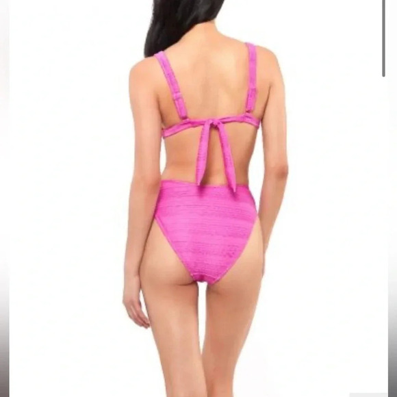 JESSICA SIMPSON Fuschia S Ribbed Tie Square Neck Swimsuit M high waisted bottoms - Picture 1 of 8